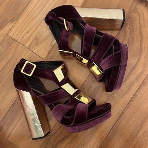 Topshop Premium Disco Purple Platform Velvet Gold Embellished Heels